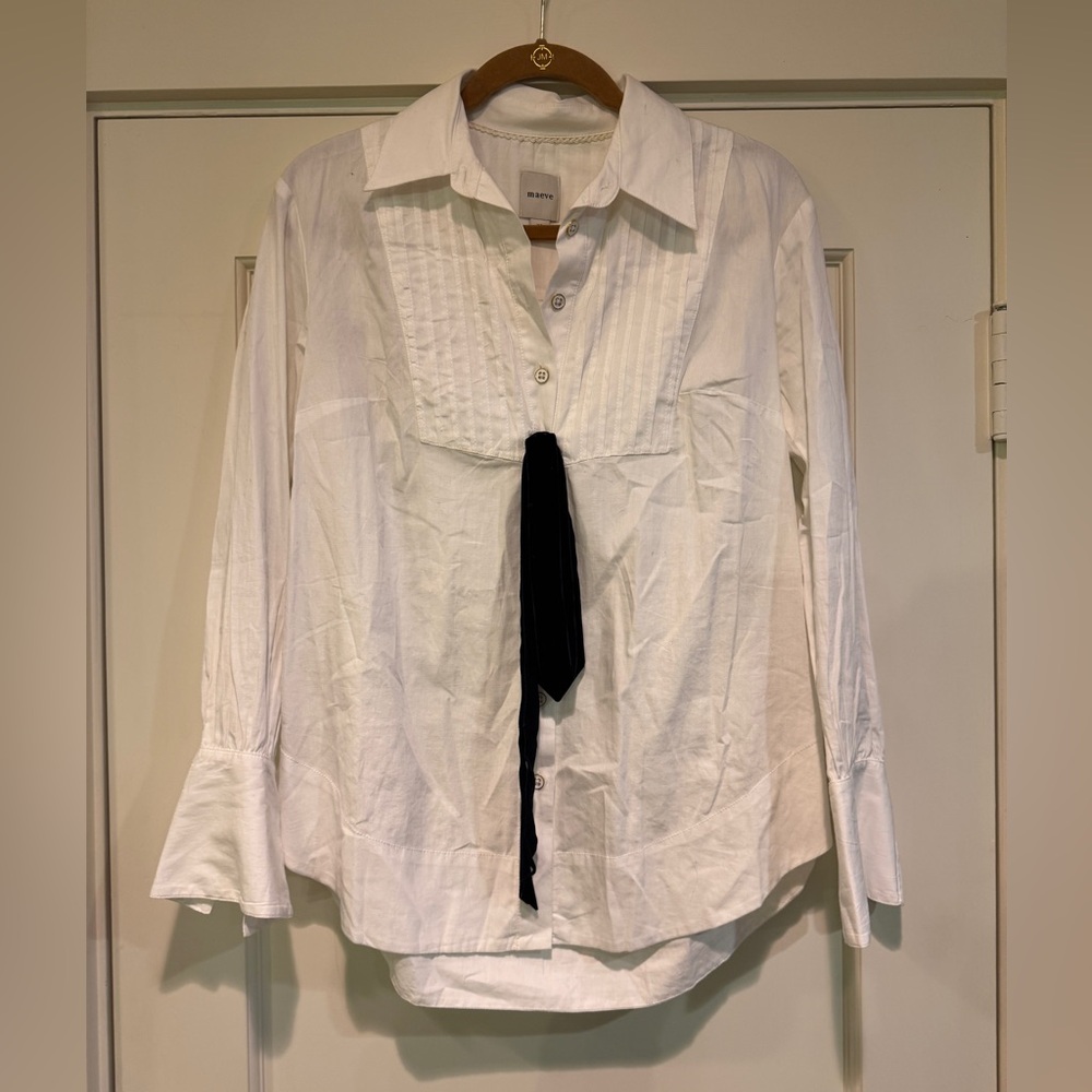 Maeve White Button Down Shirt with Black Tie Accent